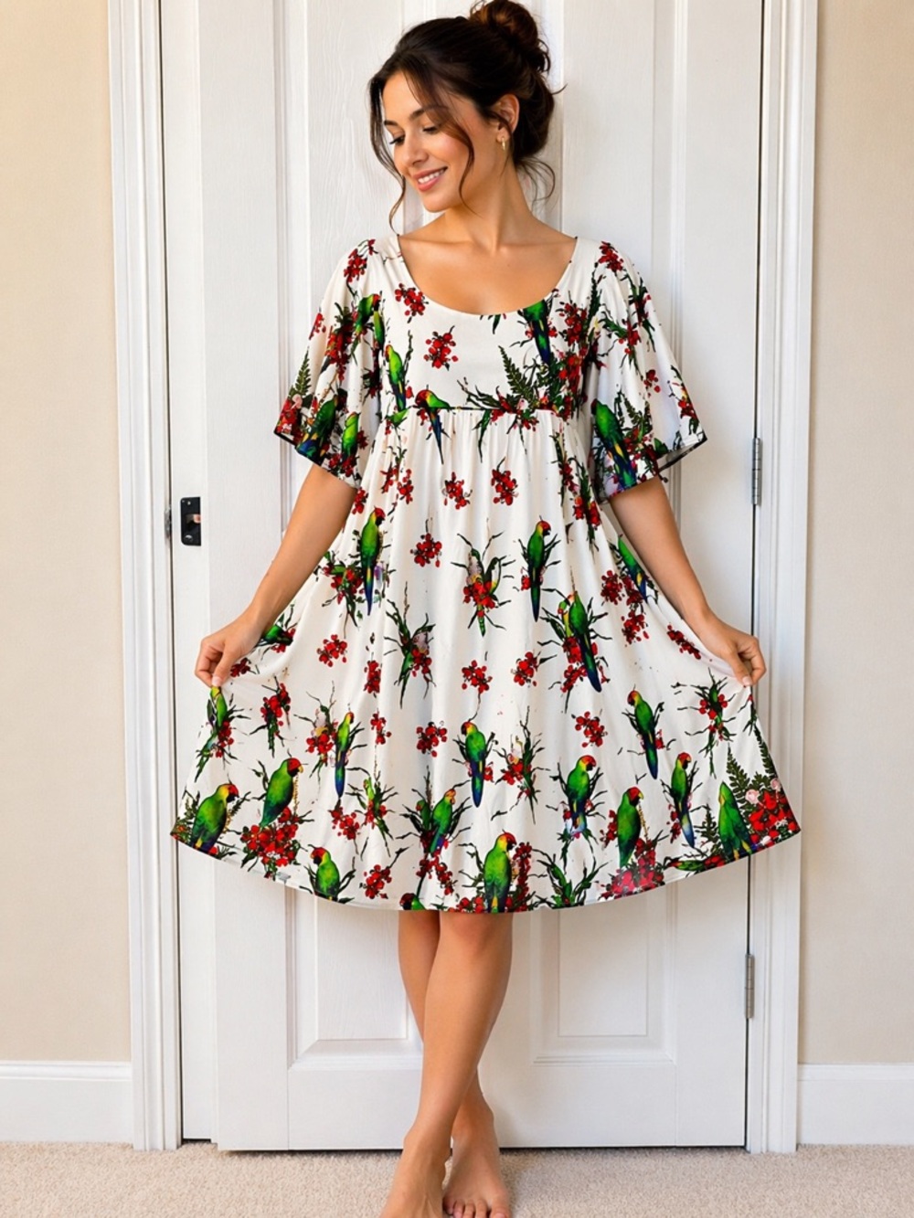 Tropical Bird Print Dress Size M | Flowy Cute Summer Dress